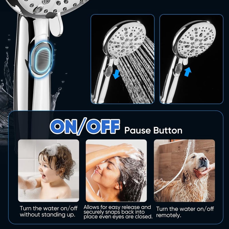 Cobbe High Pressure Shower Head with Built-in Pause Button, 9-Function Detachable Showerhead with Handheld Brass Swivel Bracket & Stainless Steel Hose, Water Saving 1-Click Stop, Chrome - Image 2